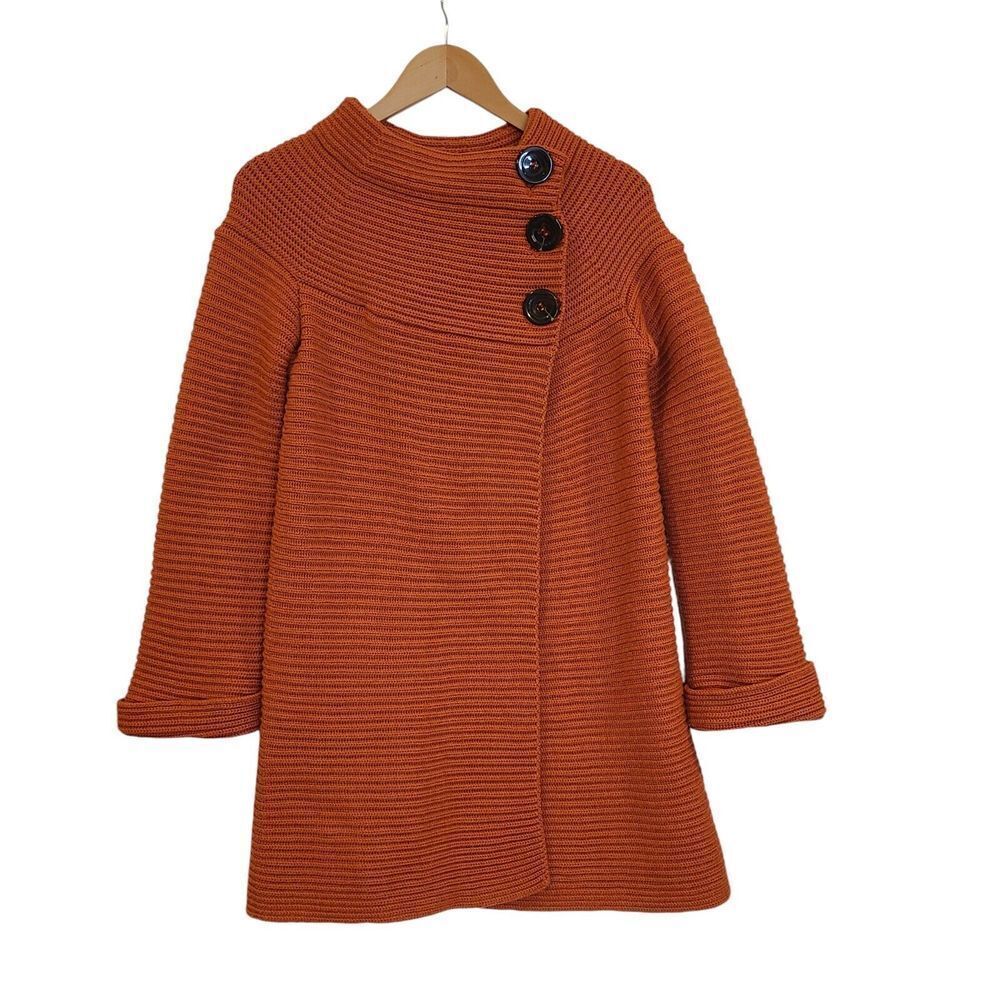 Piazza Sempione Cardigan Sweater Size 4 Burnt Orange Swing Wool Chunky Buttons